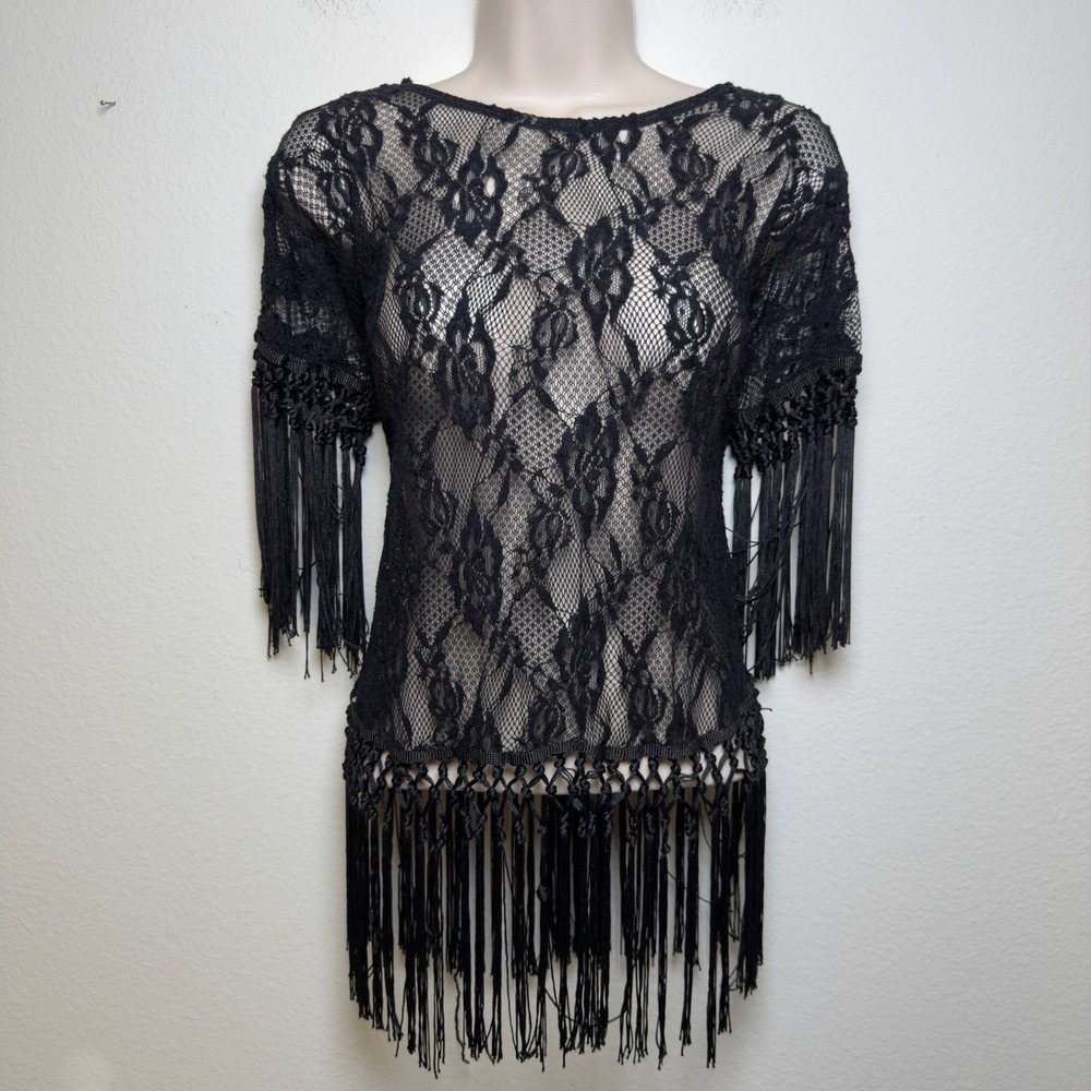 Anthropologie Sleeping on Stars Women Crochet Top Black Lace Fringe‎ Festival